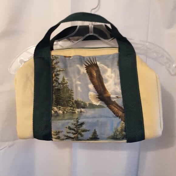 New Denim canvas Mini Duffle Tote Bag Western Eagles Mountains Tan Green arm bag - Picture 1 of 6